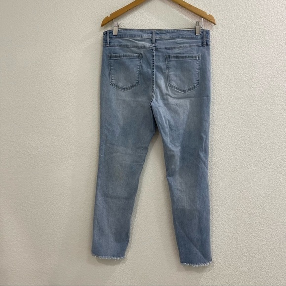 BUFFALO DAVID BITTON Rip & Repair Mid Rise Raw Hem Skinny Jeans in Light Blue - Picture 6 of 10